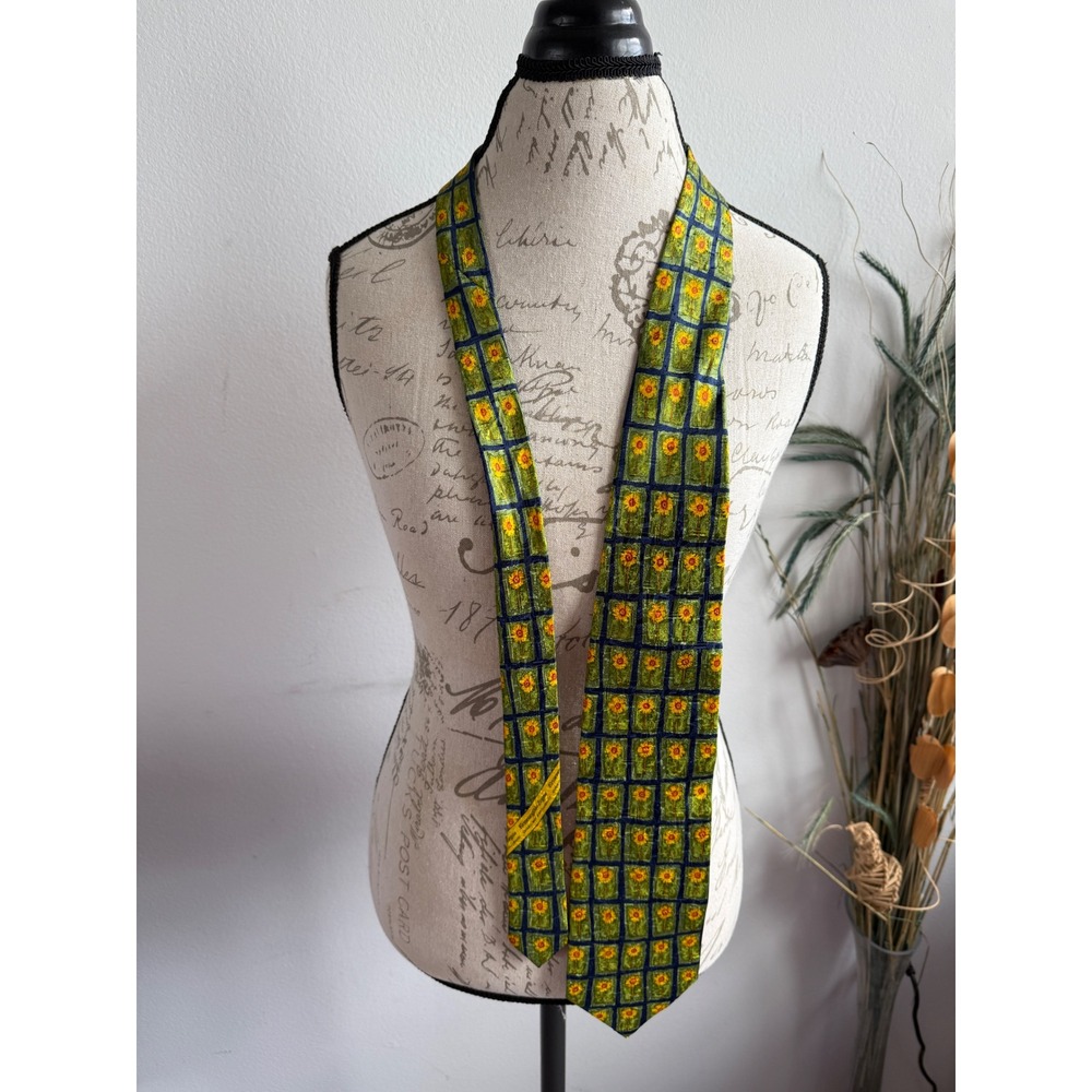 Ermenegildo Zegna Mens Silk Tie‎ Sunflower Floral Grid Green Navy Yellow Italy